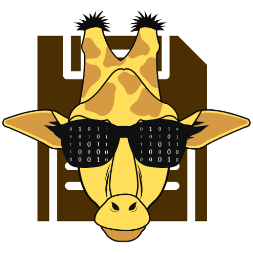 GiraffeDoc Logo: Image of a giraffe with glasses and a hard disk with binary code reflected in the glasses