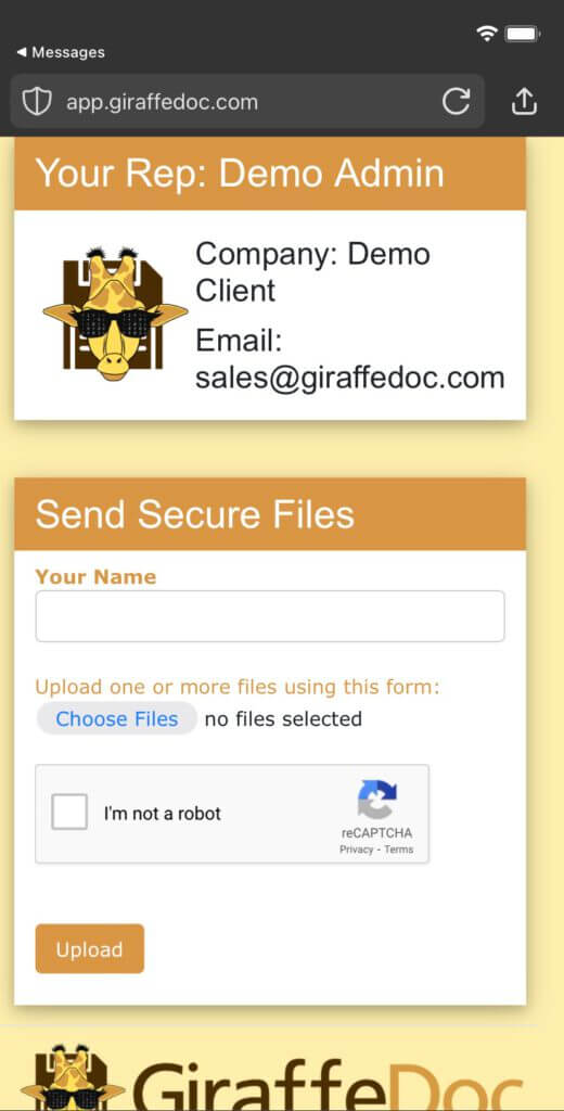 GiraffeDoc's Secure File Sharing upload Page